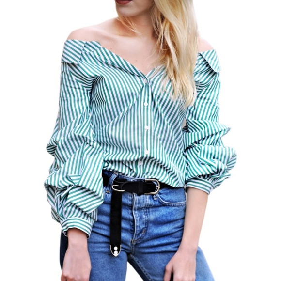 Striped, Off Shoulder Button Up Shirt - Picture 10 of 10